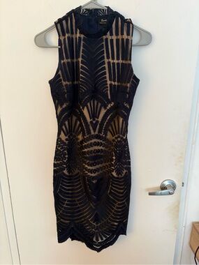 Bardot Navy Crochet Overlay Midi Dress with Nude Lining